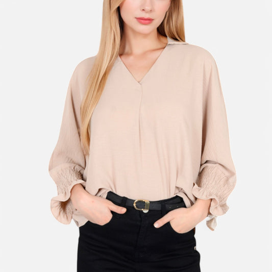 V-Neck Blouse with 3/4 Lantern Sleeves and Ruffle Cuffs