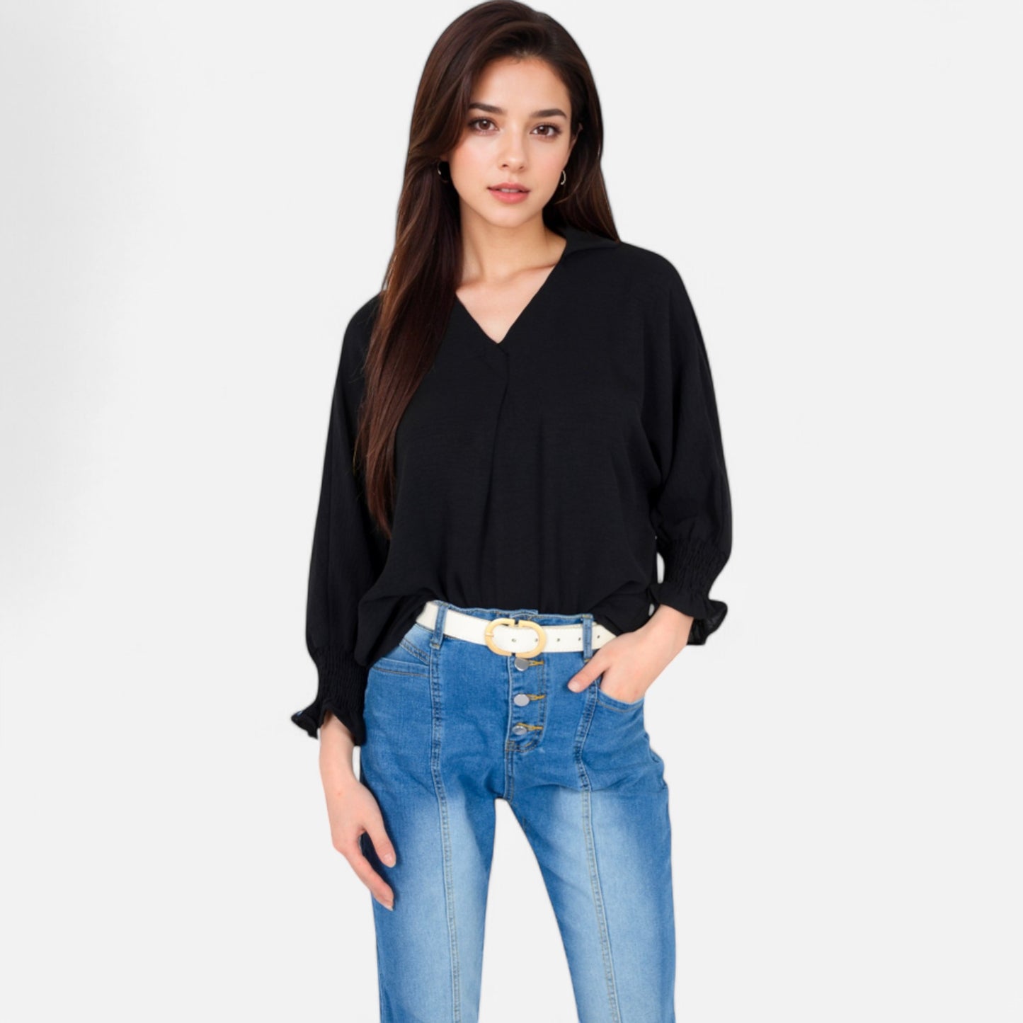 V-Neck Blouse with 3/4 Lantern Sleeves and Ruffle Cuffs