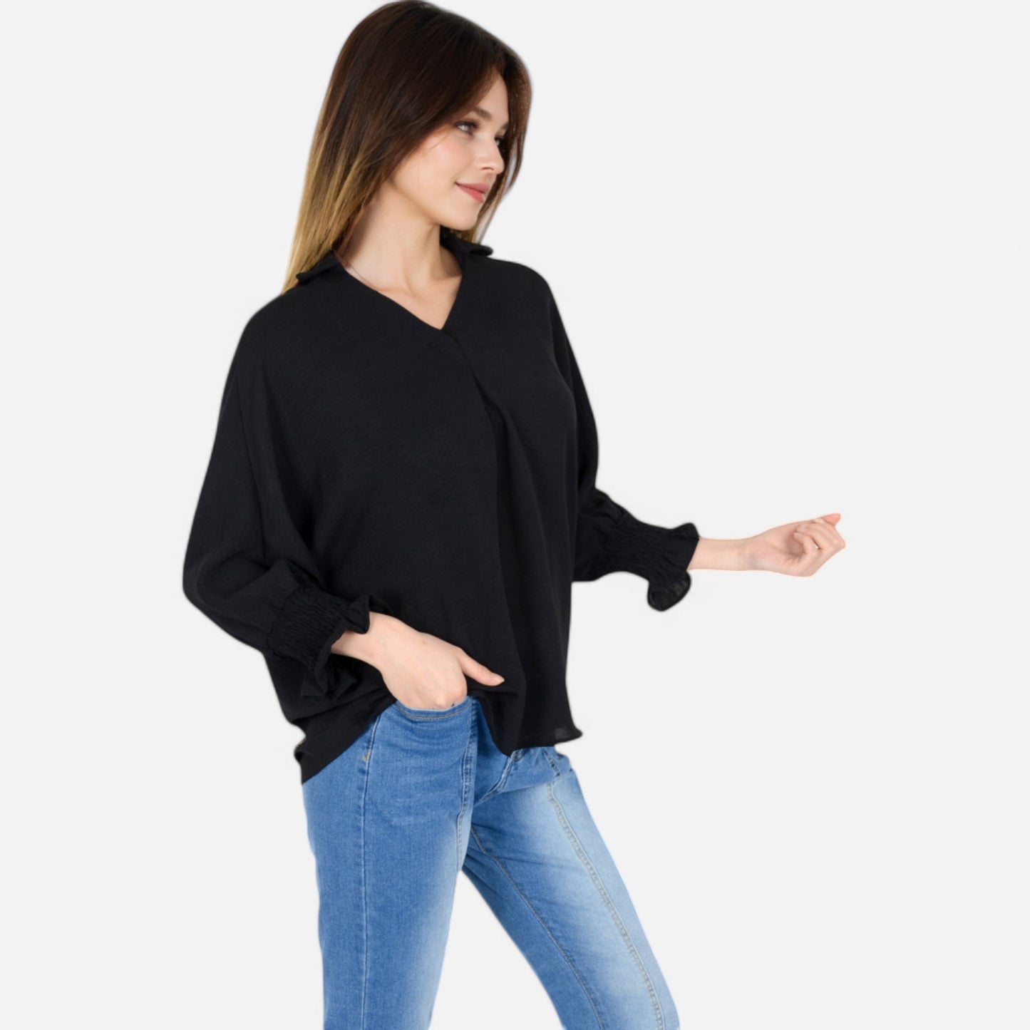 V-Neck Blouse with 3/4 Lantern Sleeves and Ruffle Cuffs