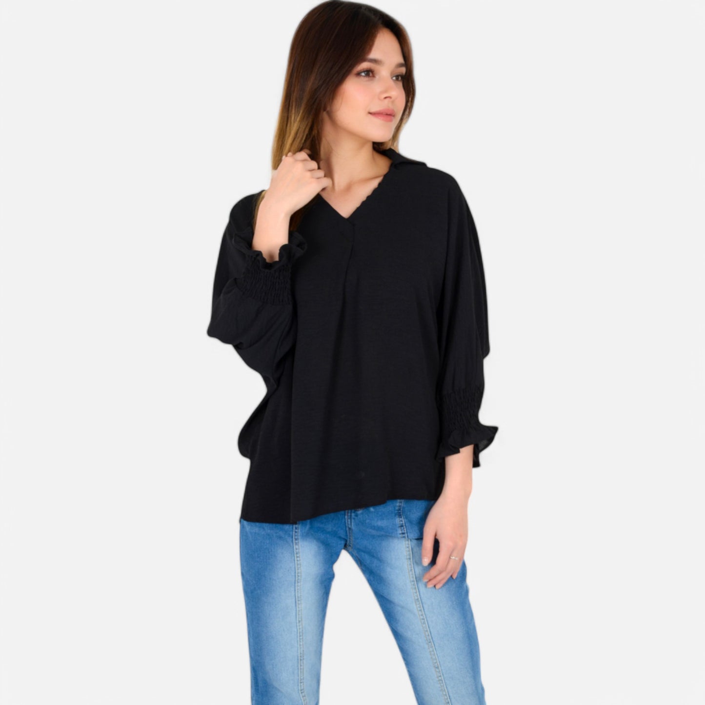 V-Neck Blouse with 3/4 Lantern Sleeves and Ruffle Cuffs