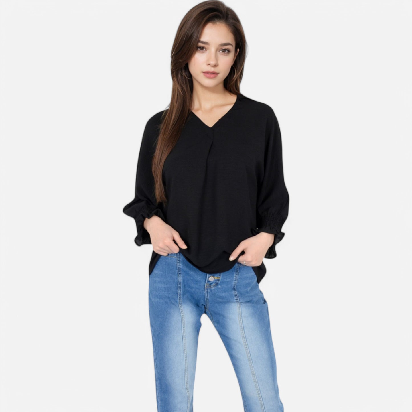 V-Neck Blouse with 3/4 Lantern Sleeves and Ruffle Cuffs