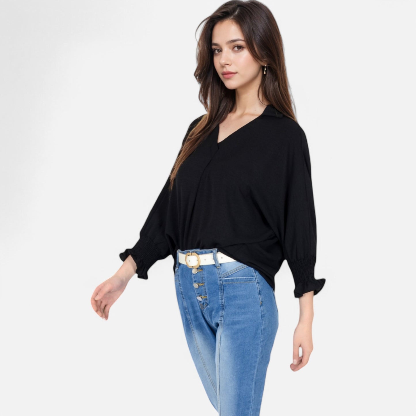 V-Neck Blouse with 3/4 Lantern Sleeves and Ruffle Cuffs