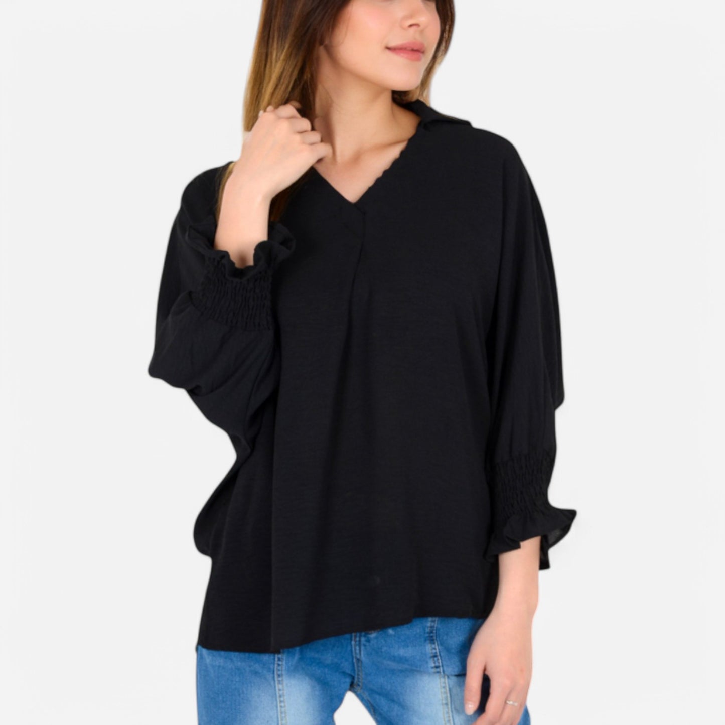 V-Neck Blouse with 3/4 Lantern Sleeves and Ruffle Cuffs