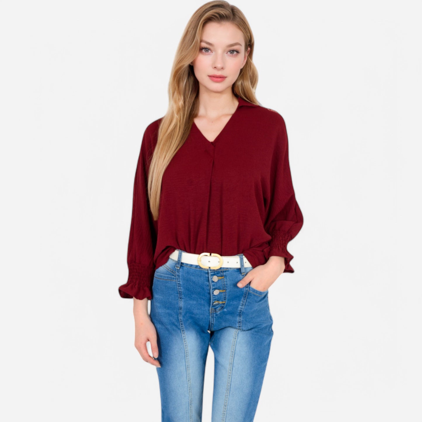 V-Neck Blouse with 3/4 Lantern Sleeves and Ruffle Cuffs