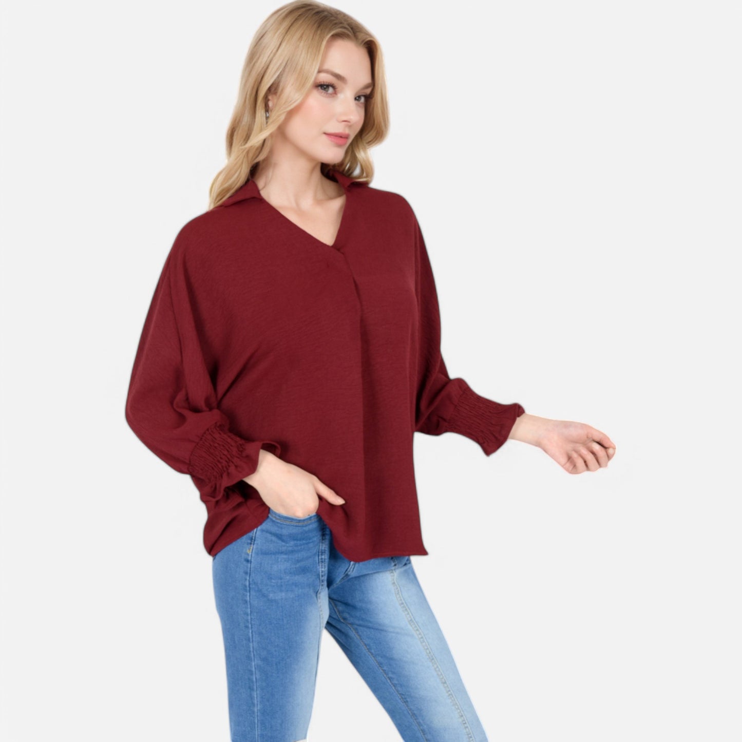 V-Neck Blouse with 3/4 Lantern Sleeves and Ruffle Cuffs