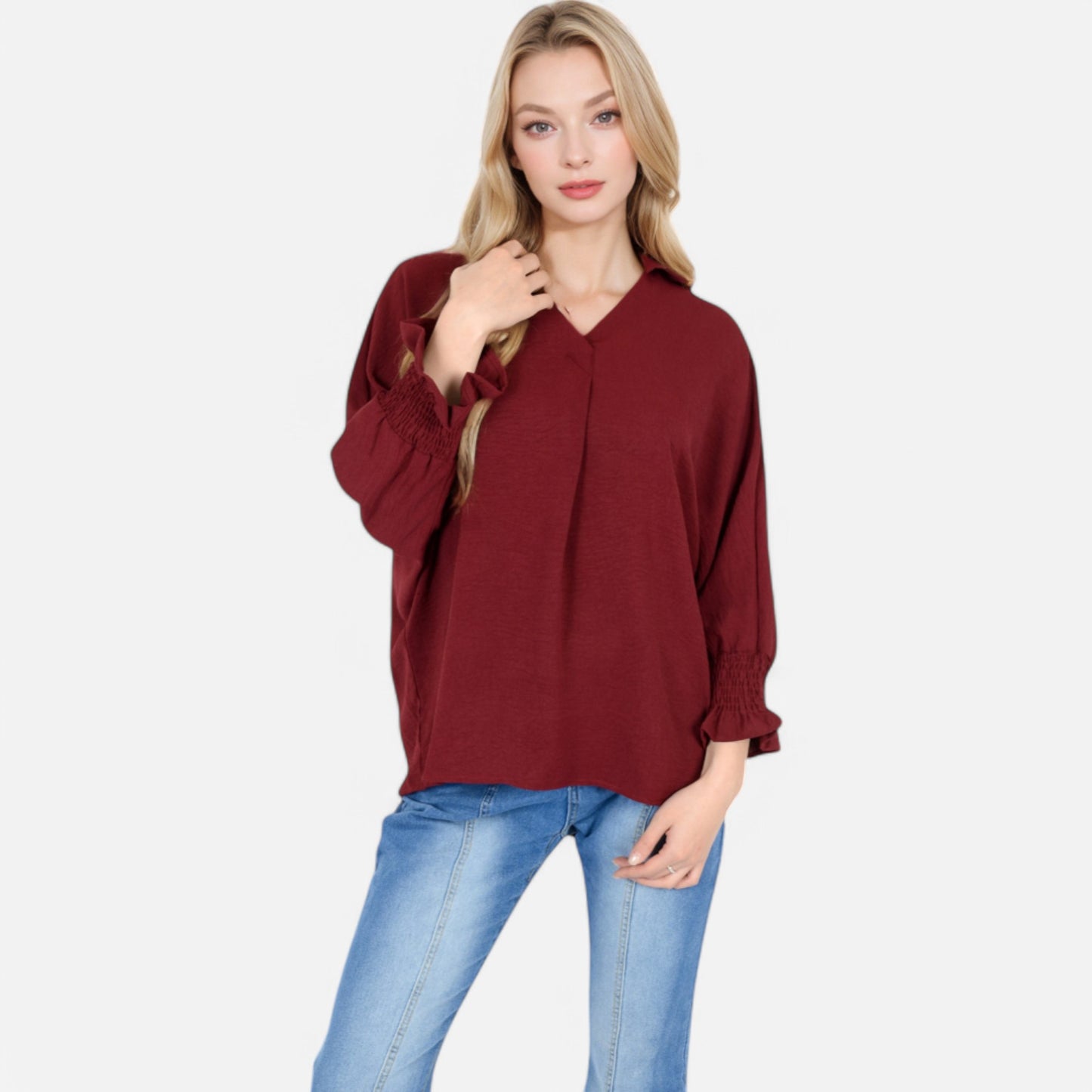 V-Neck Blouse with 3/4 Lantern Sleeves and Ruffle Cuffs