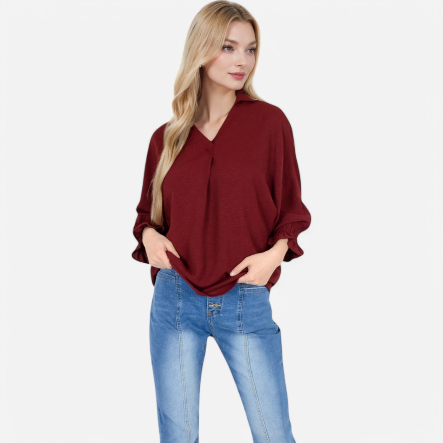 V-Neck Blouse with 3/4 Lantern Sleeves and Ruffle Cuffs