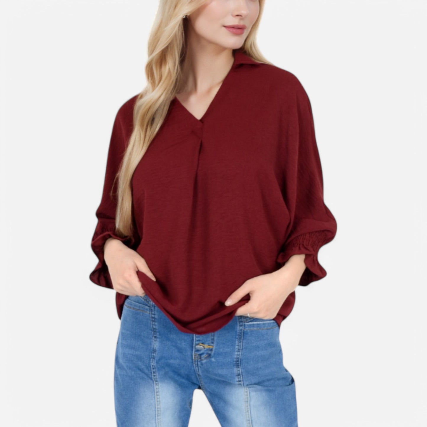 V-Neck Blouse with 3/4 Lantern Sleeves and Ruffle Cuffs