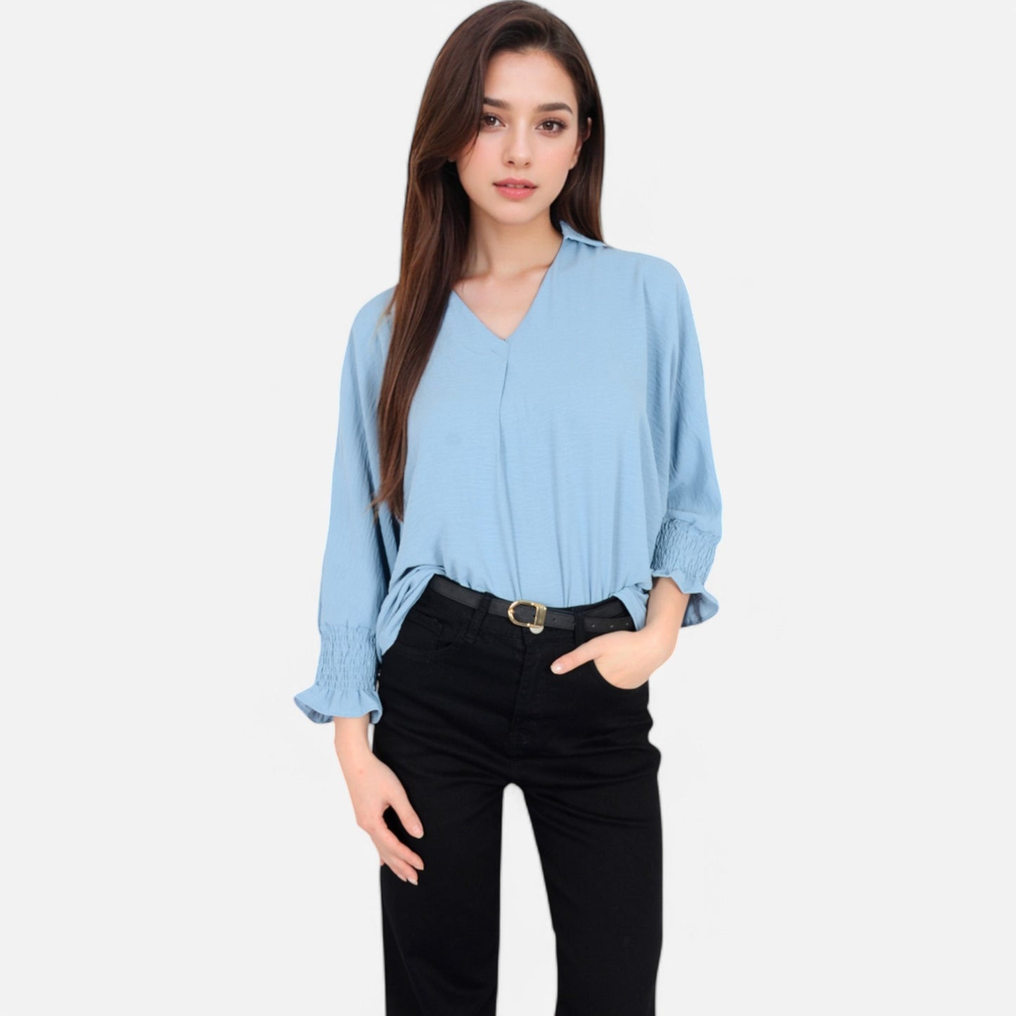 V-Neck Blouse with 3/4 Lantern Sleeves and Ruffle Cuffs