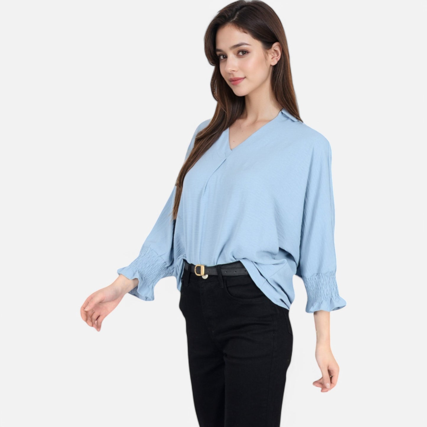 V-Neck Blouse with 3/4 Lantern Sleeves and Ruffle Cuffs
