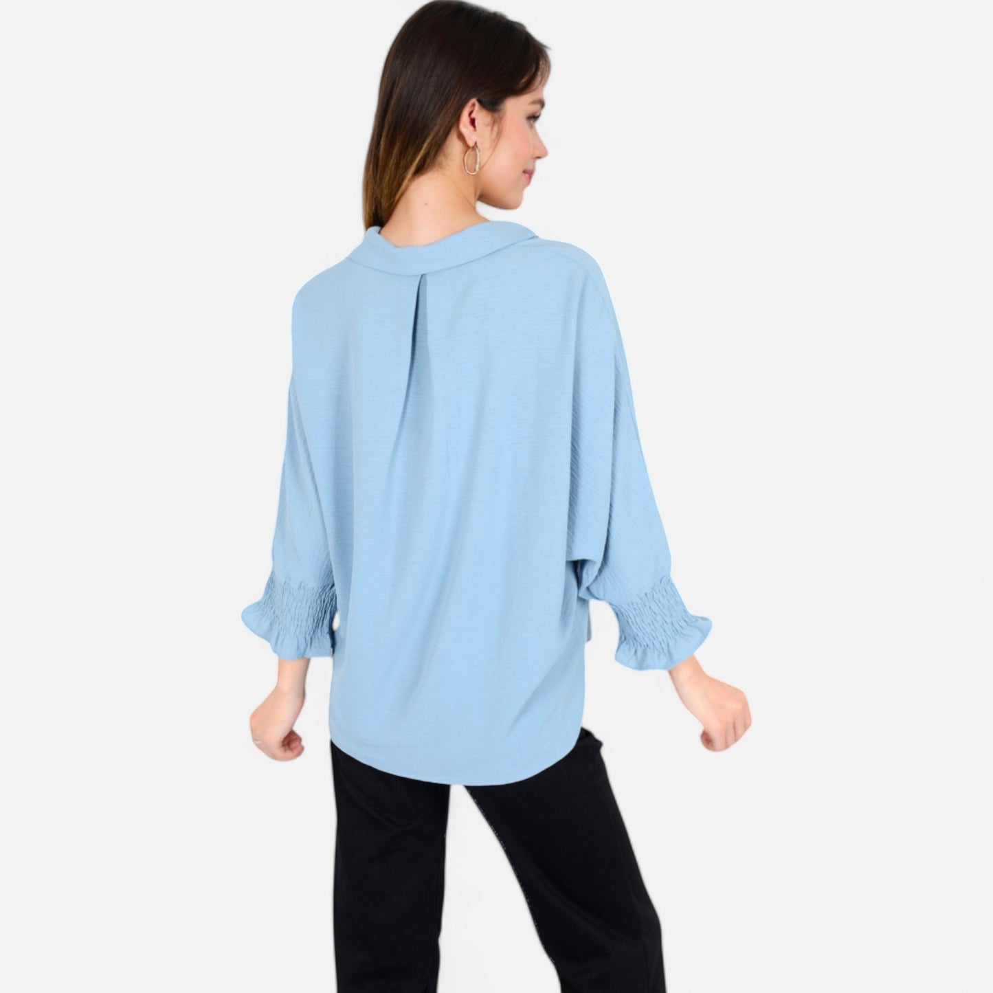 V-Neck Blouse with 3/4 Lantern Sleeves and Ruffle Cuffs