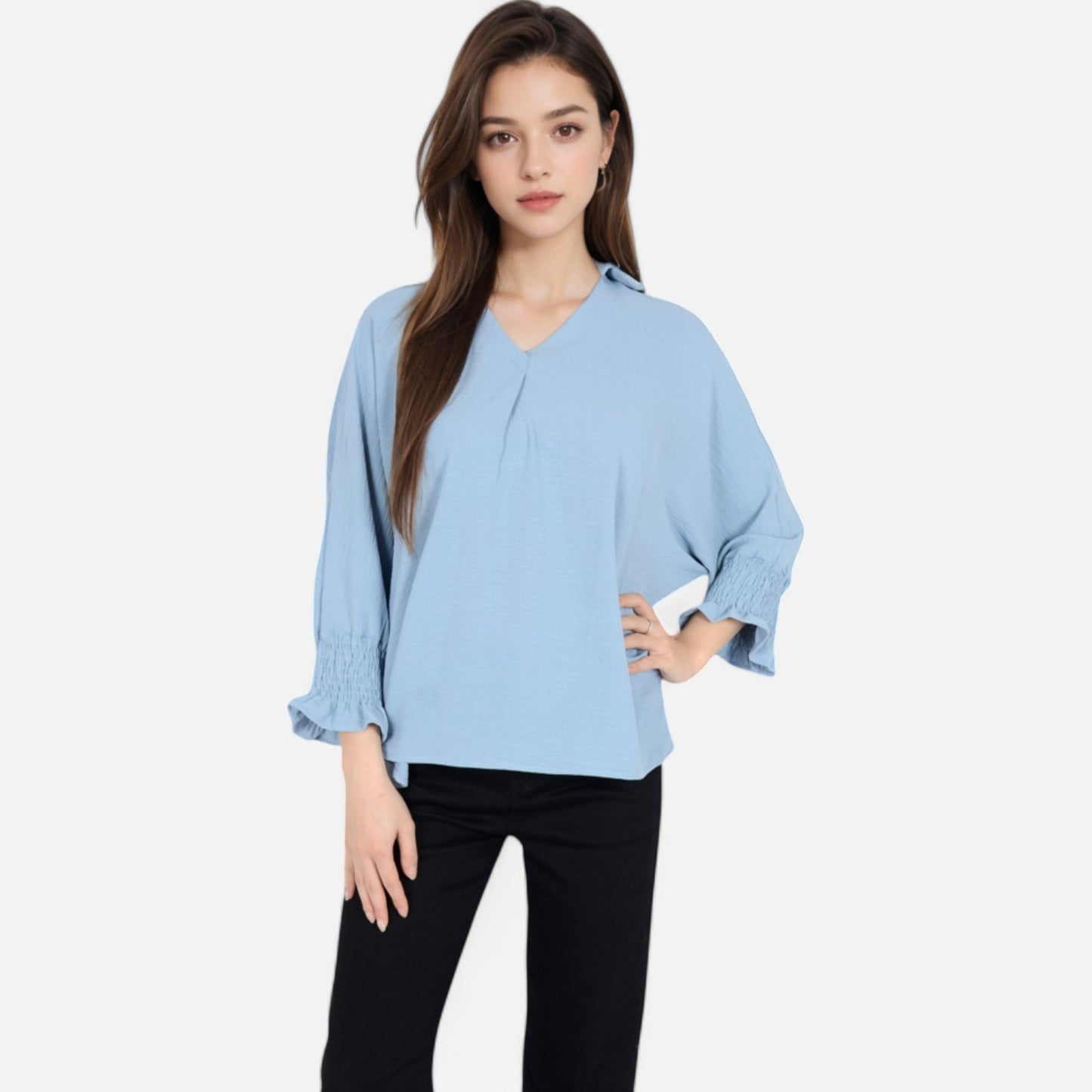 V-Neck Blouse with 3/4 Lantern Sleeves and Ruffle Cuffs