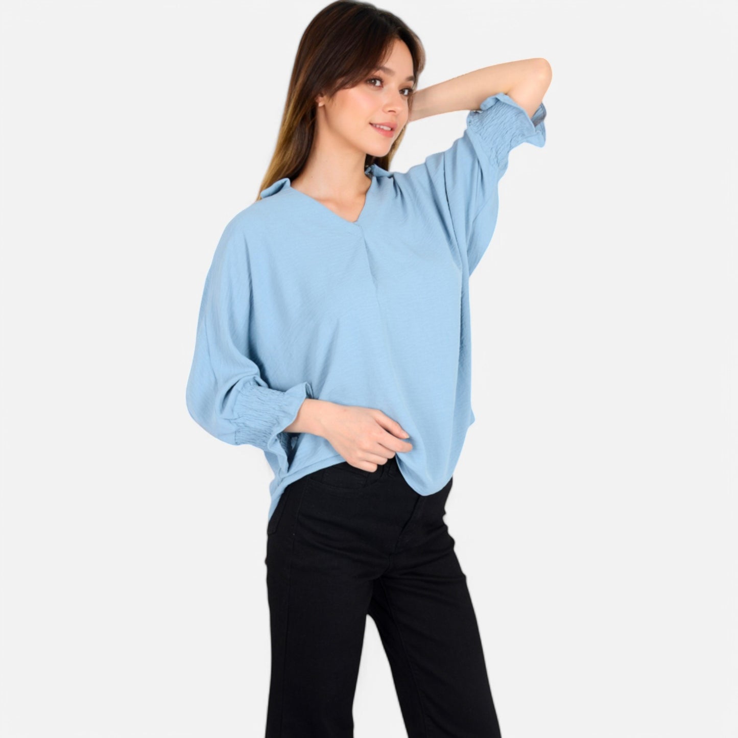 V-Neck Blouse with 3/4 Lantern Sleeves and Ruffle Cuffs