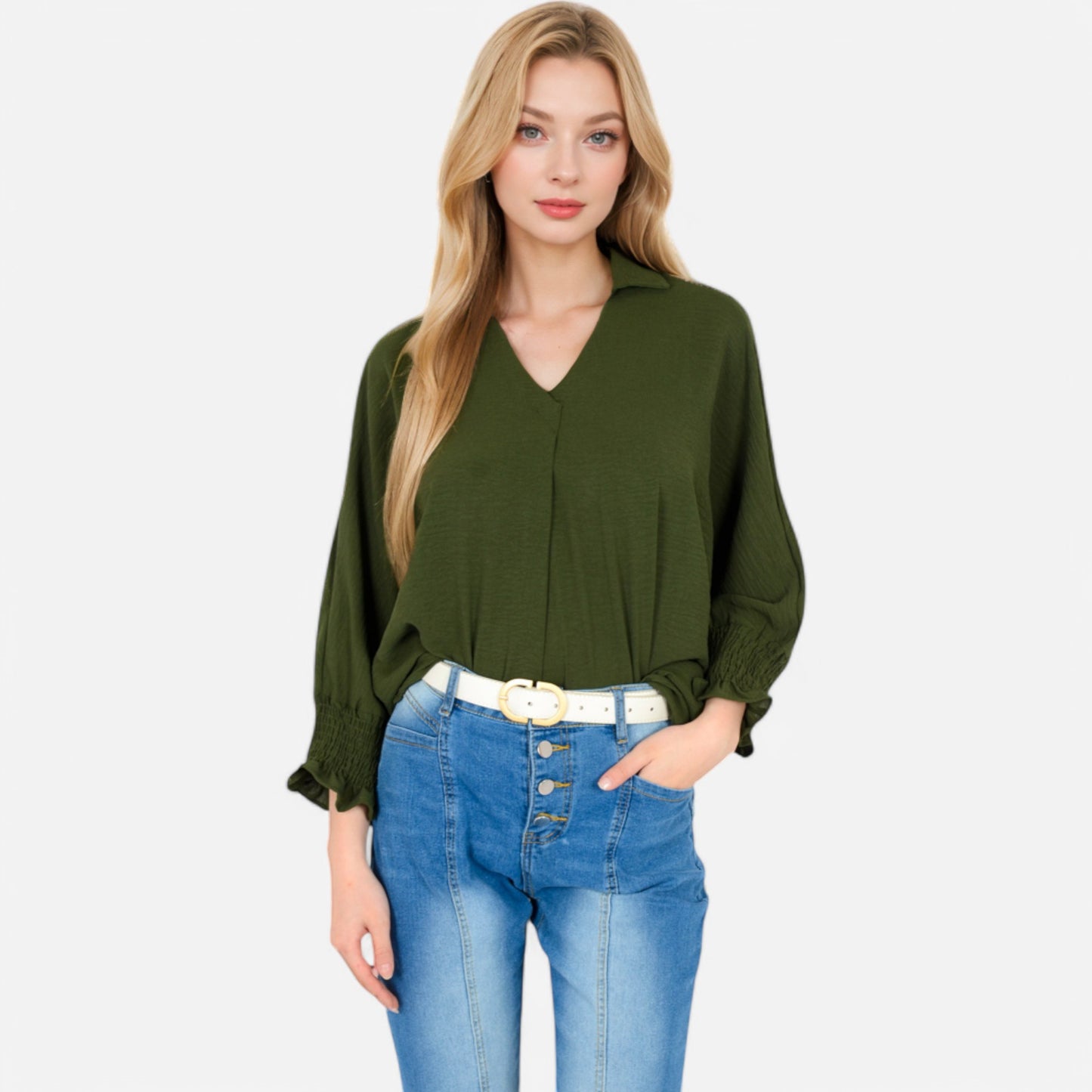 V-Neck Blouse with 3/4 Lantern Sleeves and Ruffle Cuffs