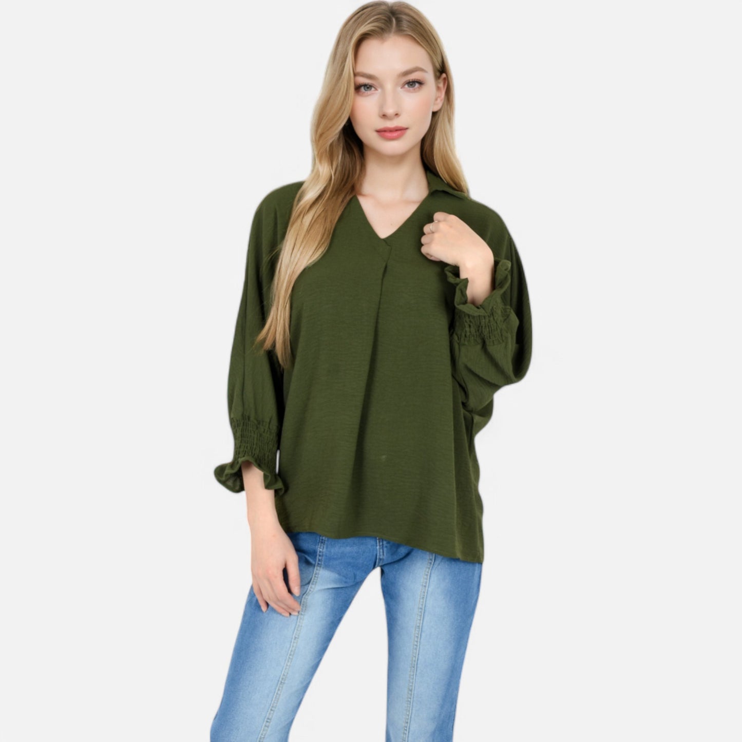V-Neck Blouse with 3/4 Lantern Sleeves and Ruffle Cuffs