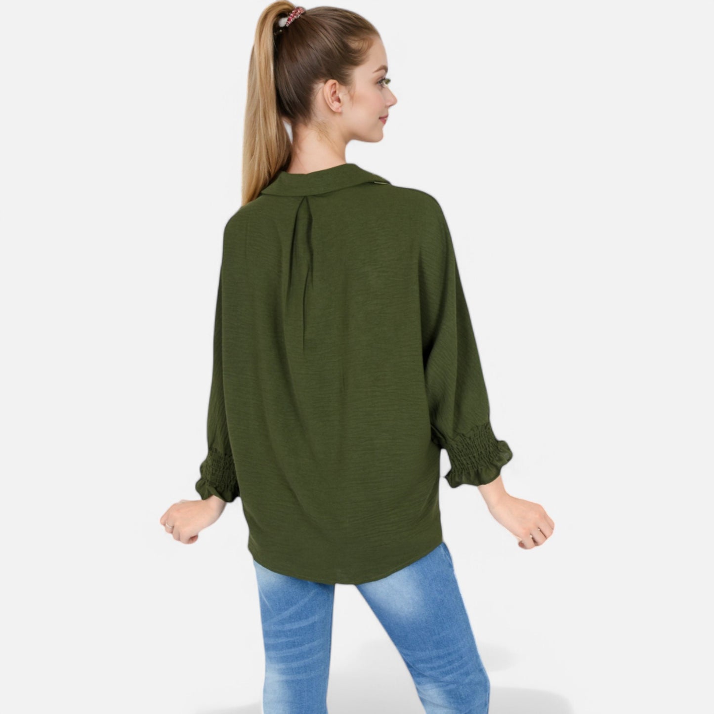 V-Neck Blouse with 3/4 Lantern Sleeves and Ruffle Cuffs