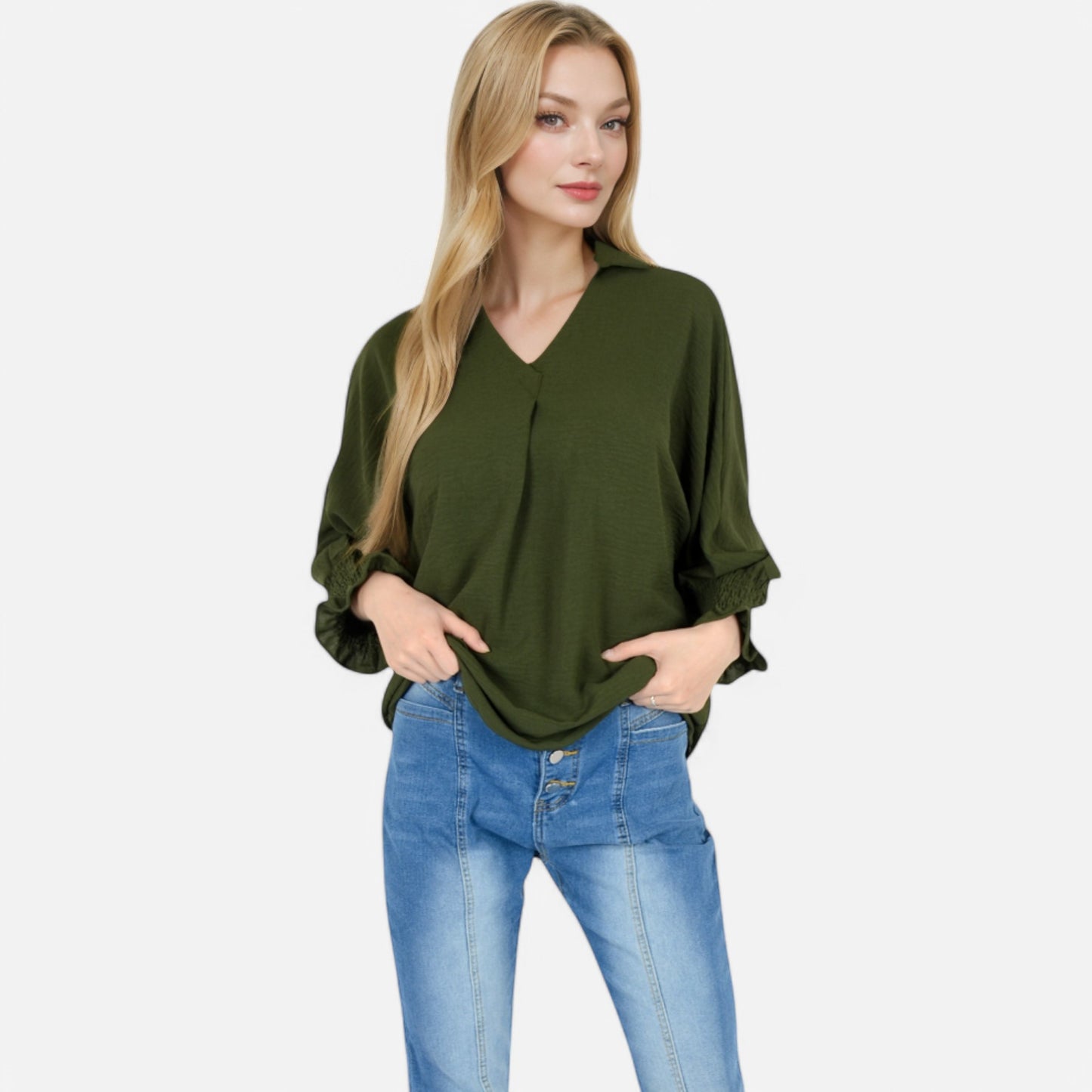 V-Neck Blouse with 3/4 Lantern Sleeves and Ruffle Cuffs