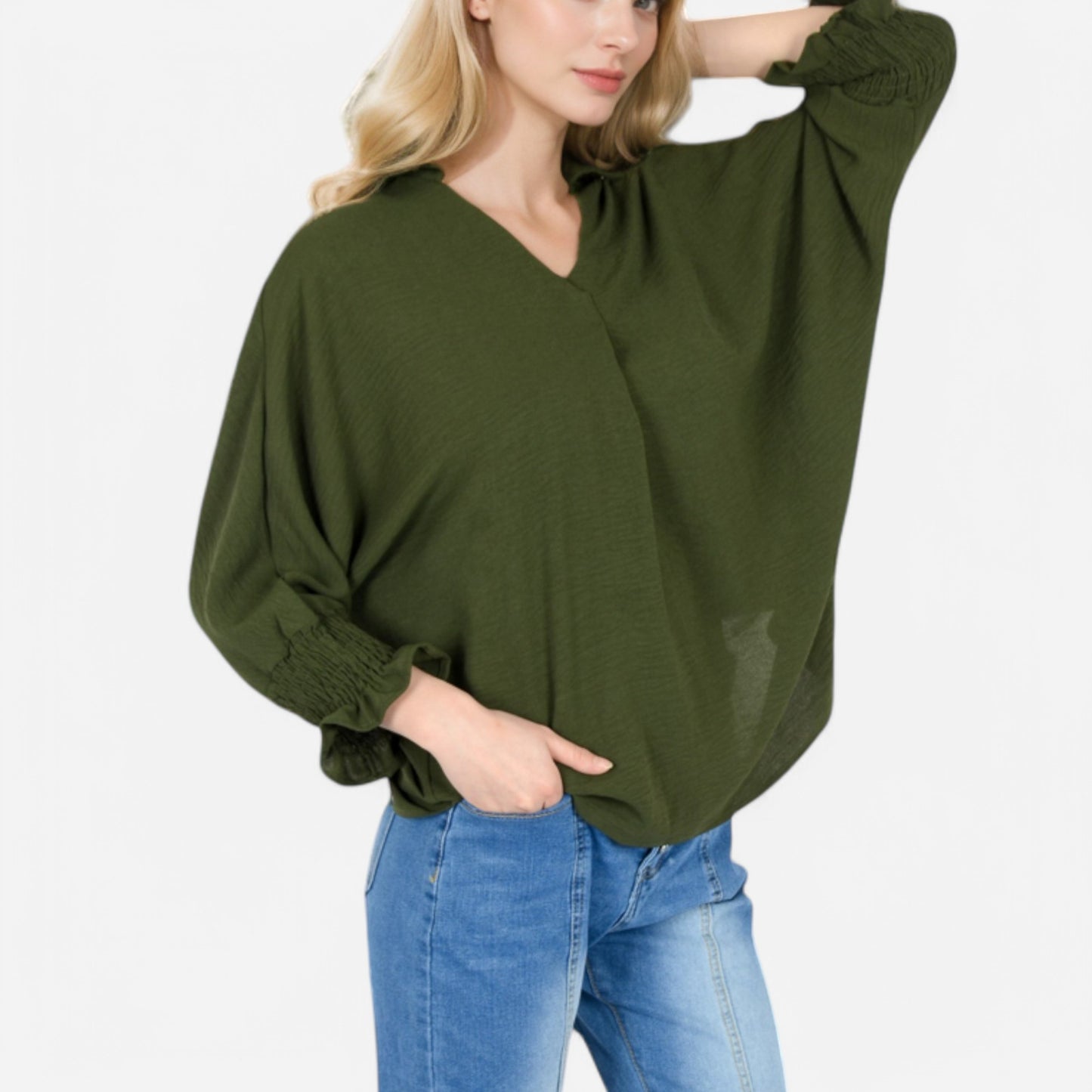 V-Neck Blouse with 3/4 Lantern Sleeves and Ruffle Cuffs