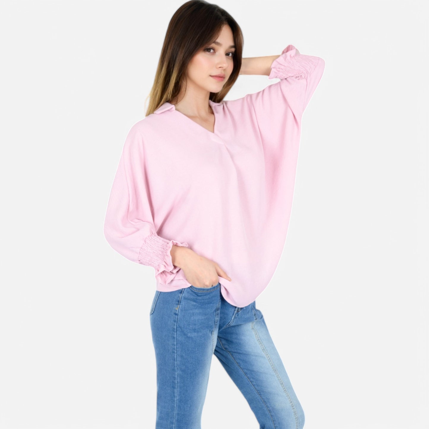 V-Neck Blouse with 3/4 Lantern Sleeves and Ruffle Cuffs