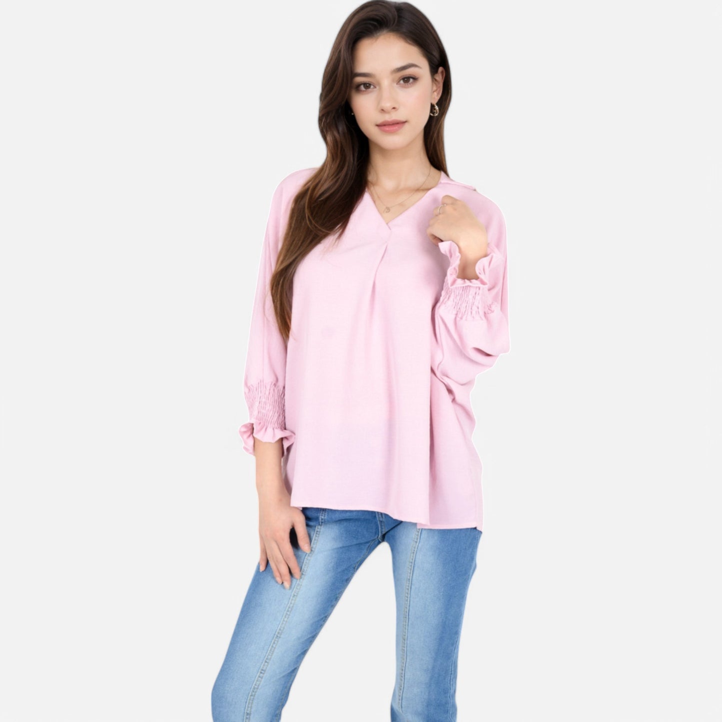 V-Neck Blouse with 3/4 Lantern Sleeves and Ruffle Cuffs