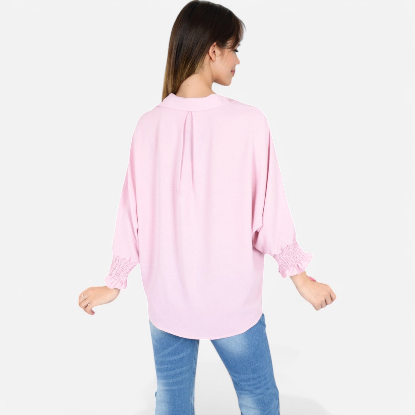 V-Neck Blouse with 3/4 Lantern Sleeves and Ruffle Cuffs