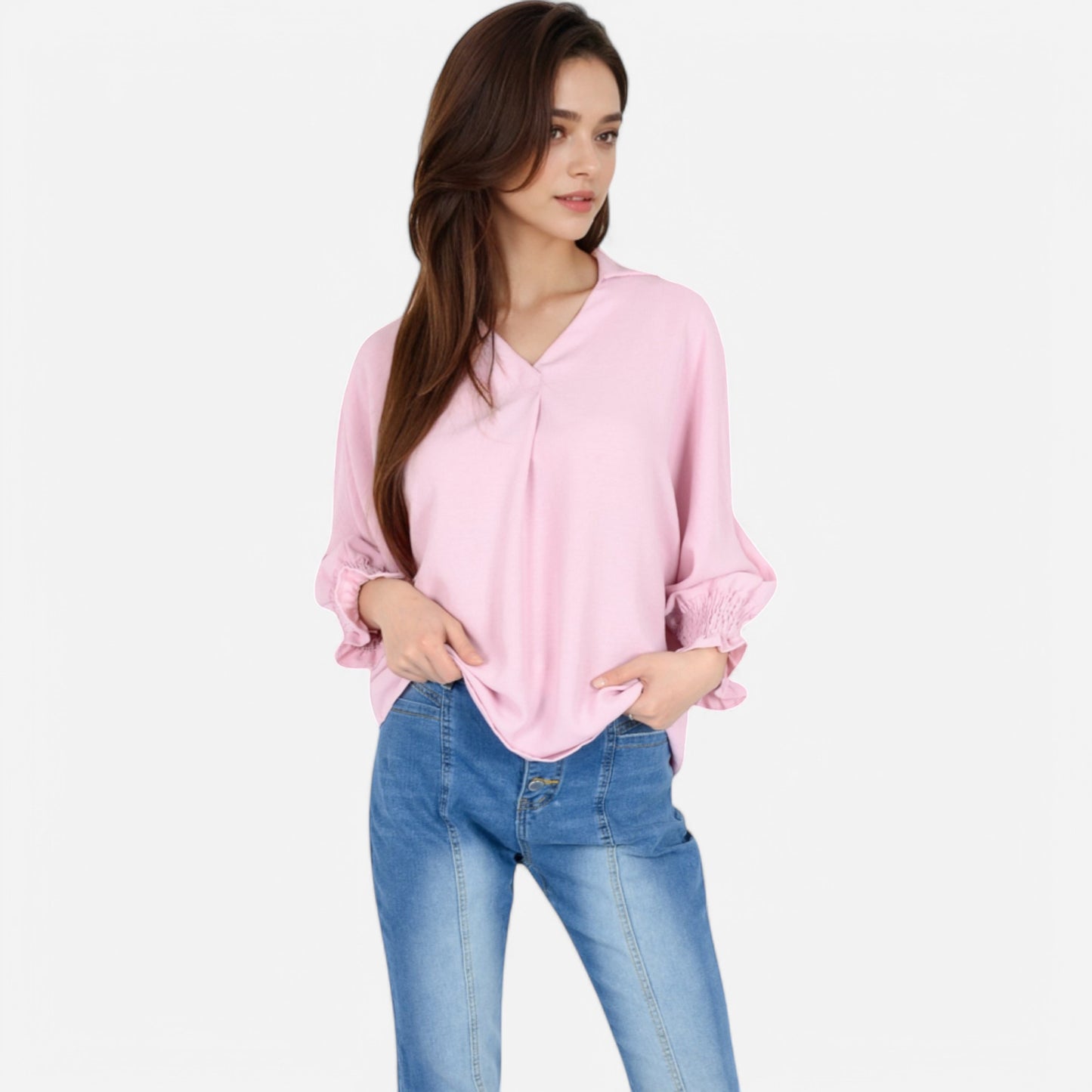 V-Neck Blouse with 3/4 Lantern Sleeves and Ruffle Cuffs
