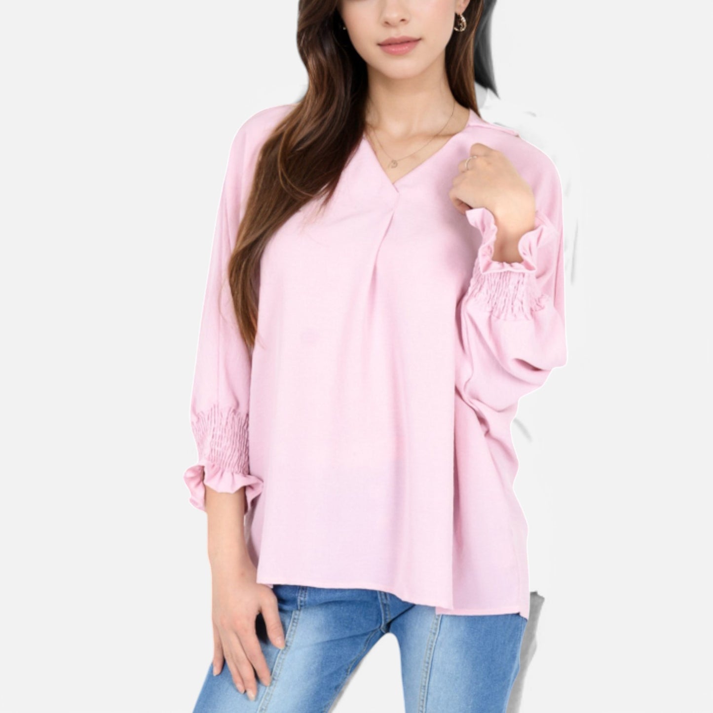 V-Neck Blouse with 3/4 Lantern Sleeves and Ruffle Cuffs