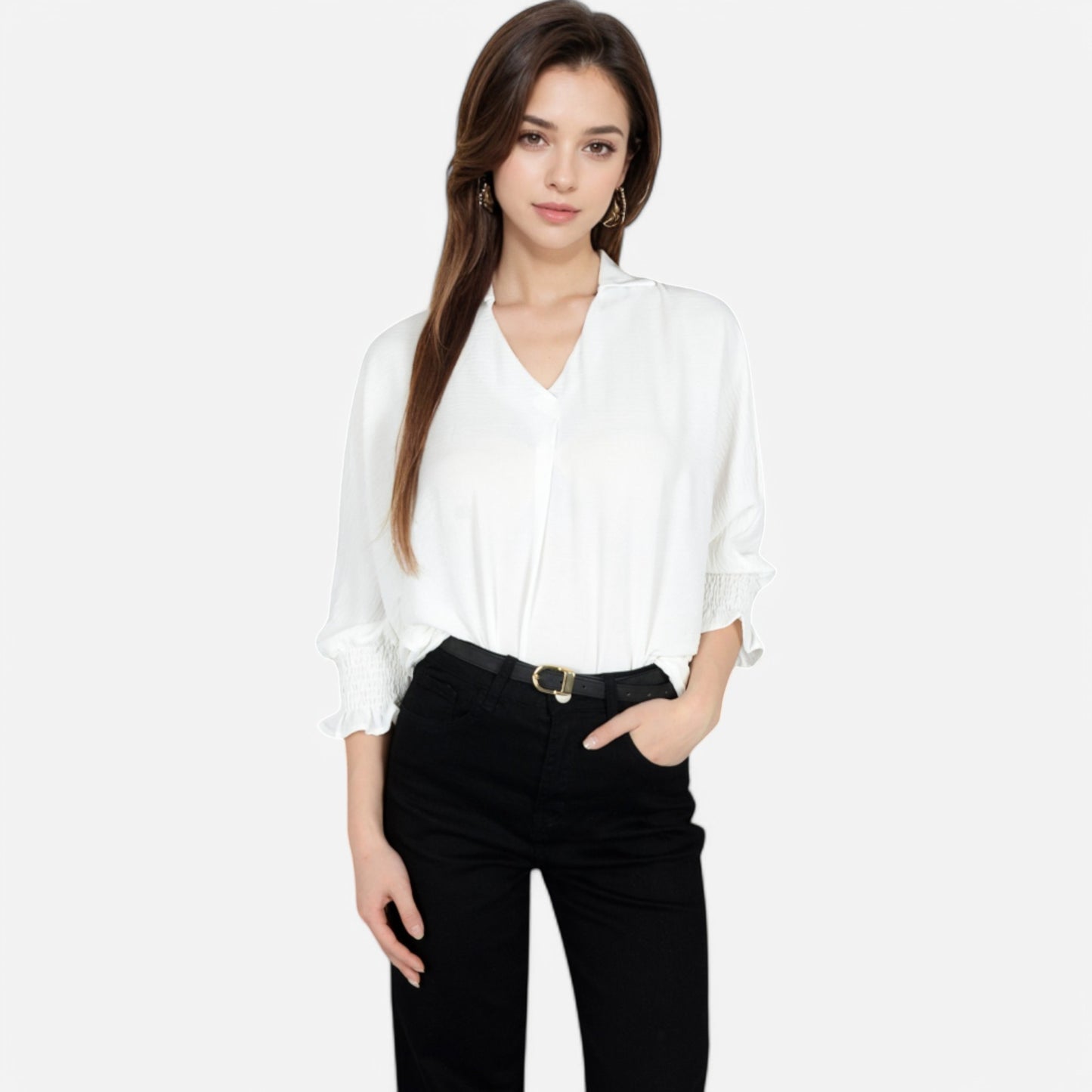 V-Neck Blouse with 3/4 Lantern Sleeves and Ruffle Cuffs