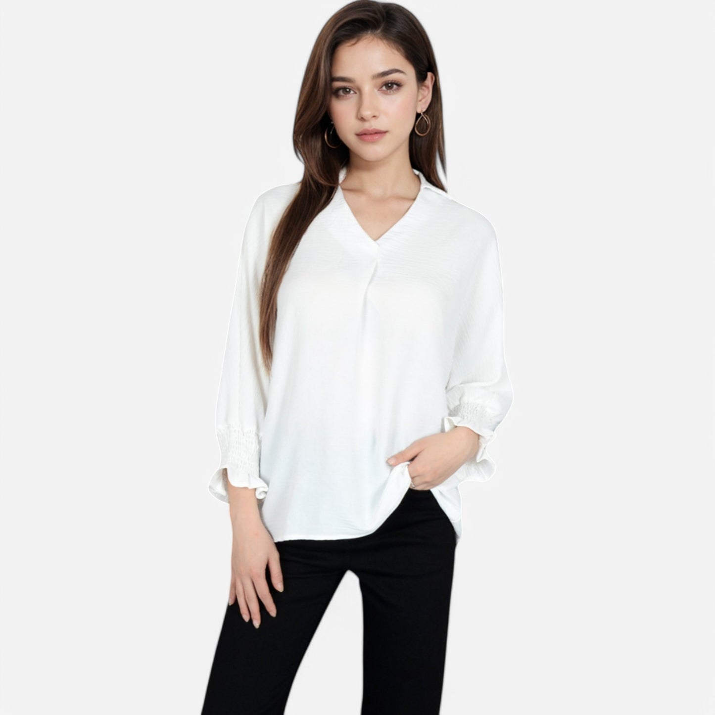 V-Neck Blouse with 3/4 Lantern Sleeves and Ruffle Cuffs