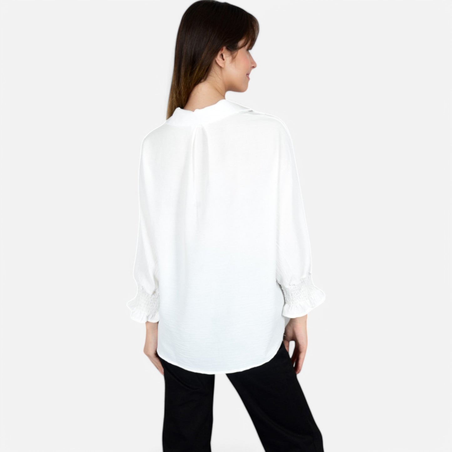 V-Neck Blouse with 3/4 Lantern Sleeves and Ruffle Cuffs