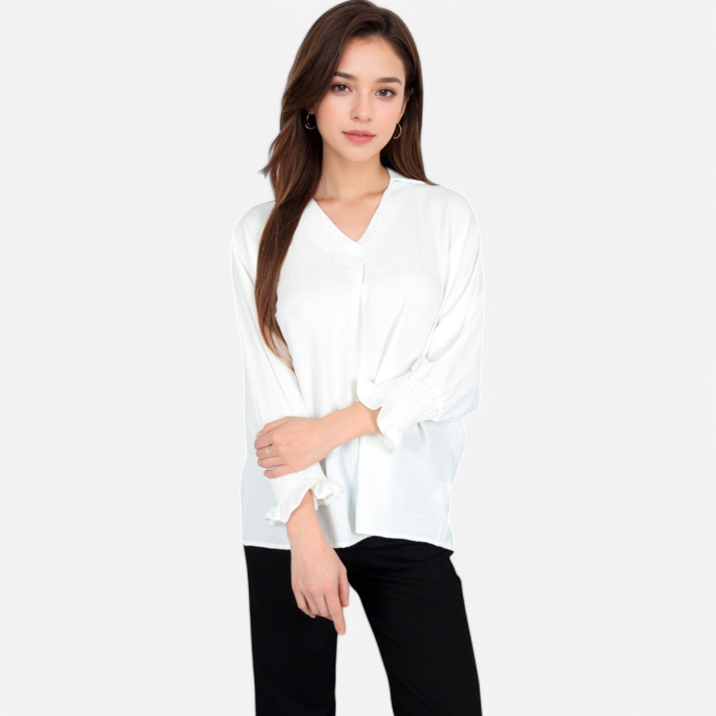 V-Neck Blouse with 3/4 Lantern Sleeves and Ruffle Cuffs