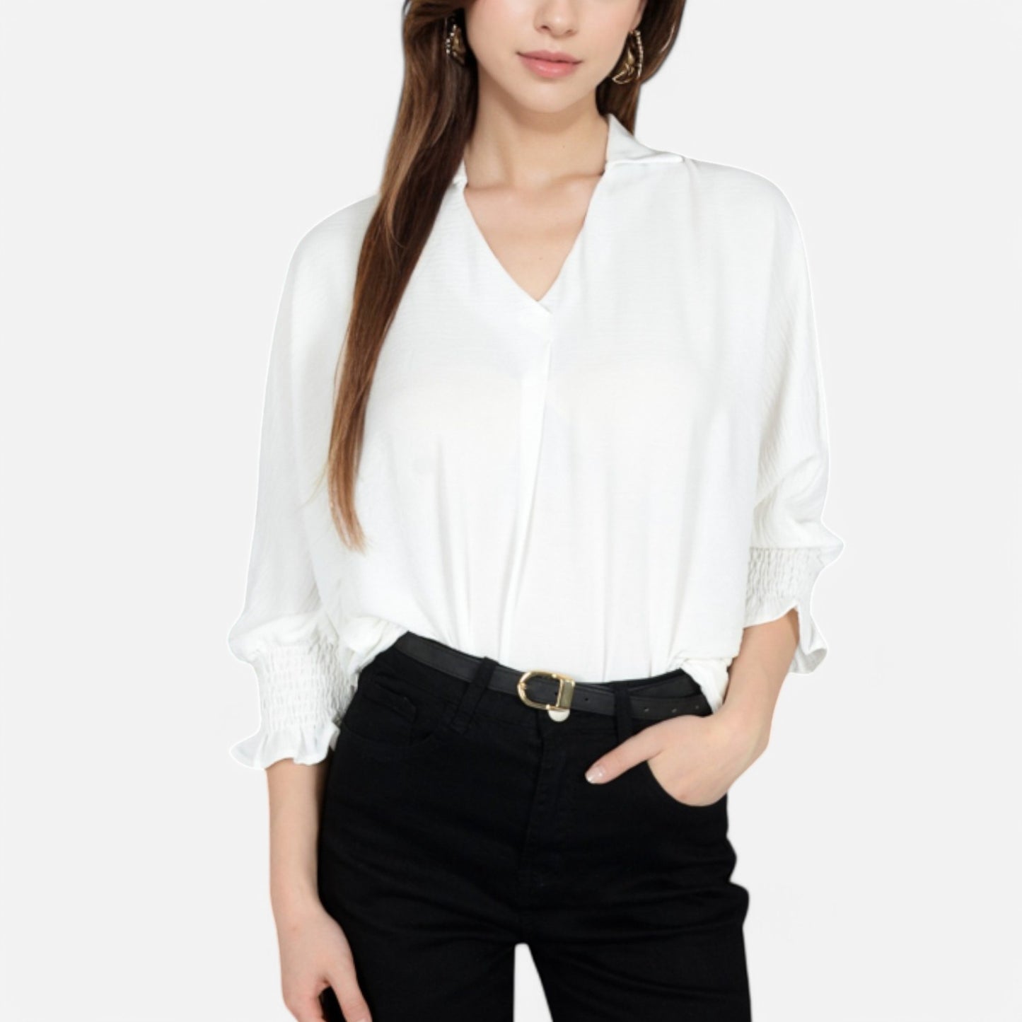 V-Neck Blouse with 3/4 Lantern Sleeves and Ruffle Cuffs