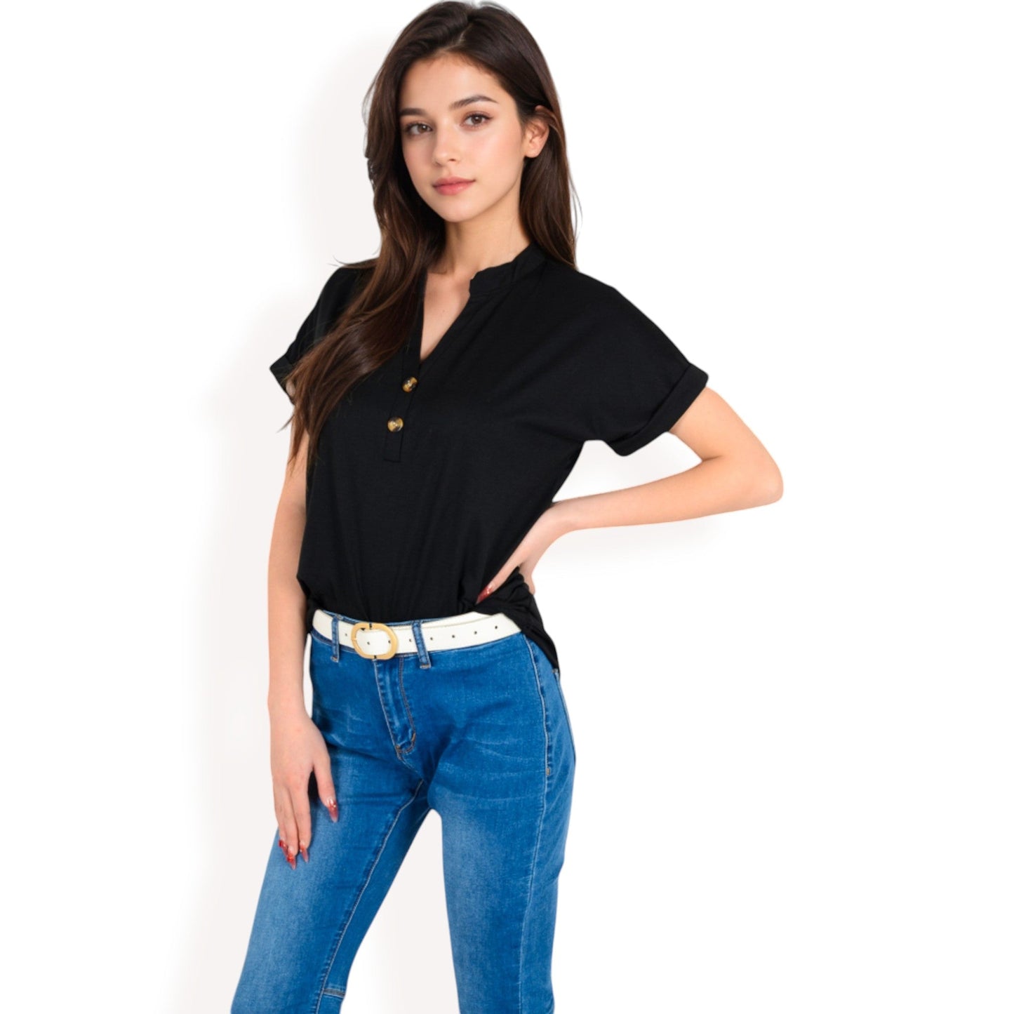 Short Sleeve Button Front V-Neck Shirt