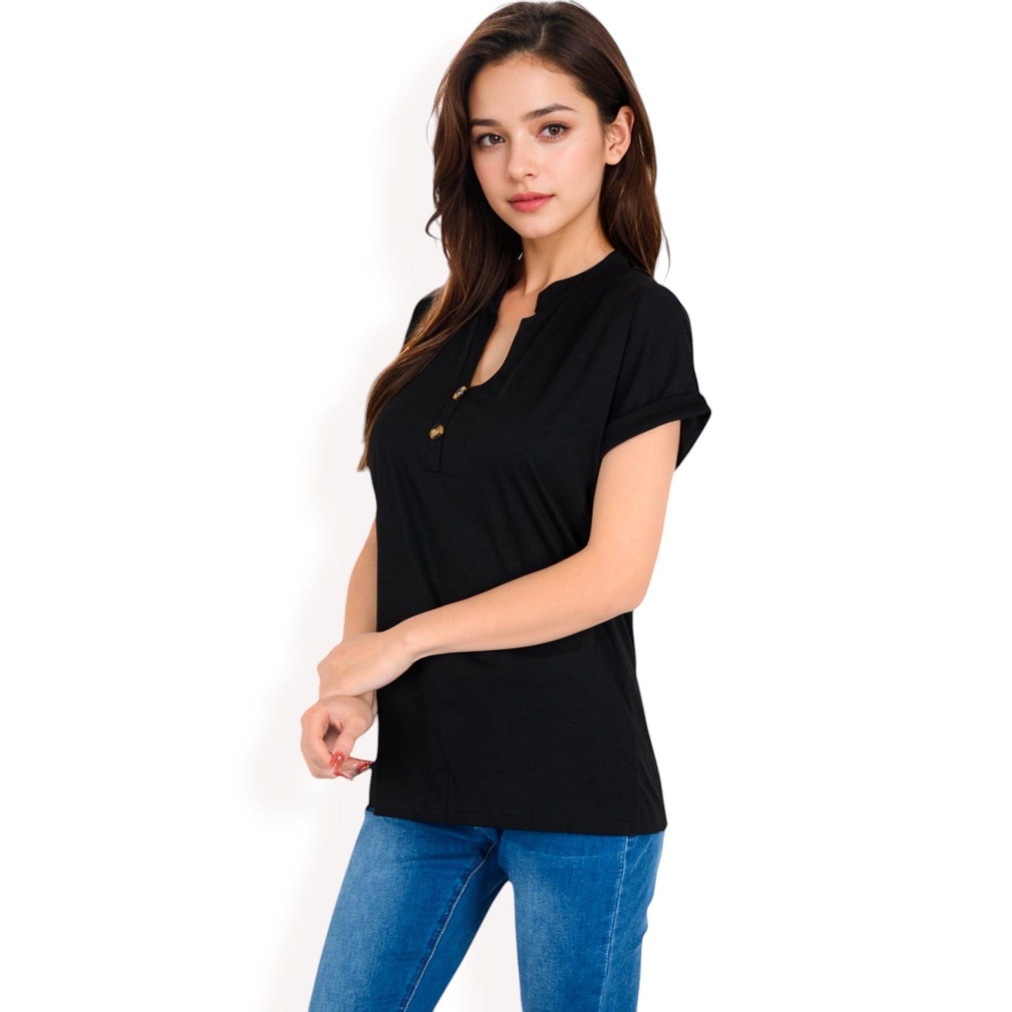 Short Sleeve Button Front V-Neck Shirt