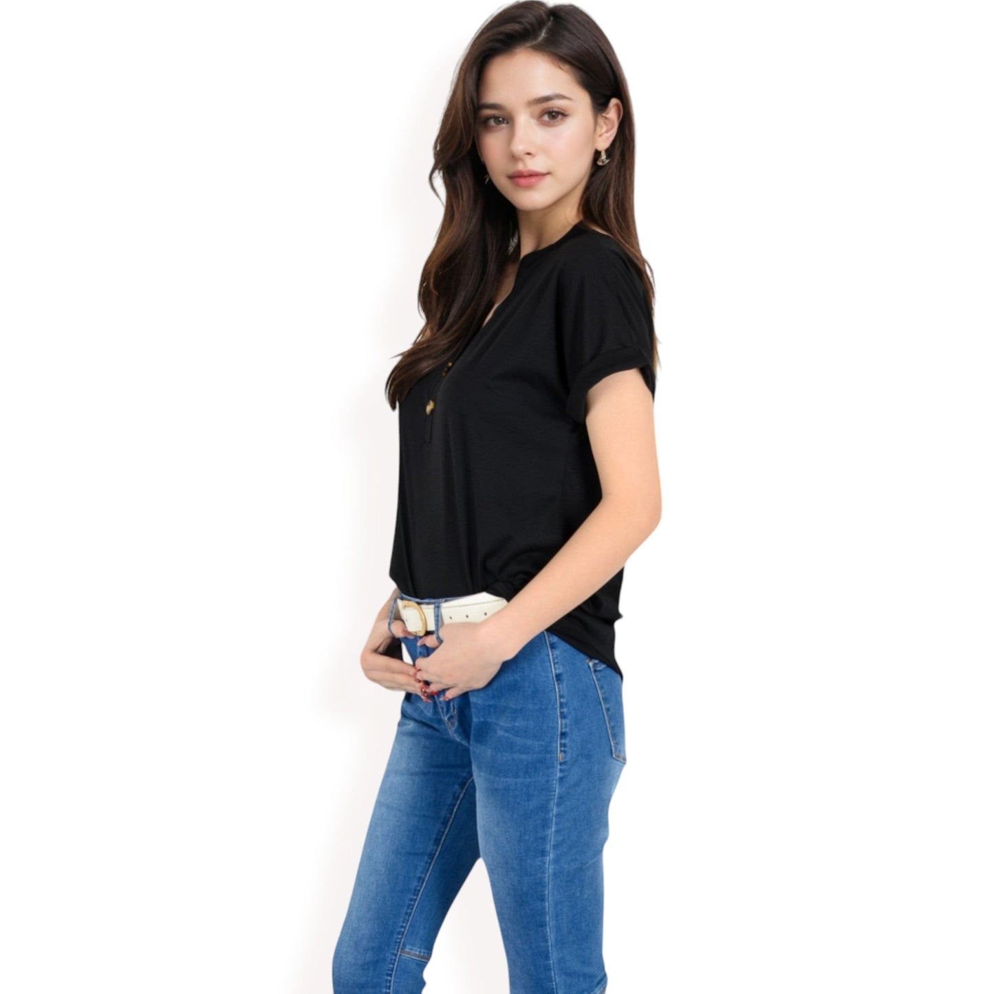 Short Sleeve Button Front V-Neck Shirt