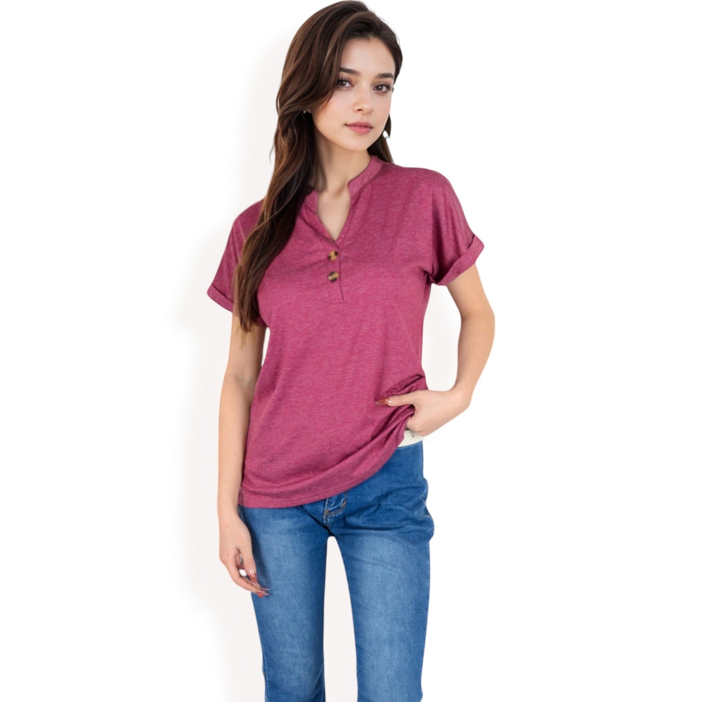 Short Sleeve Button Front V-Neck Shirt