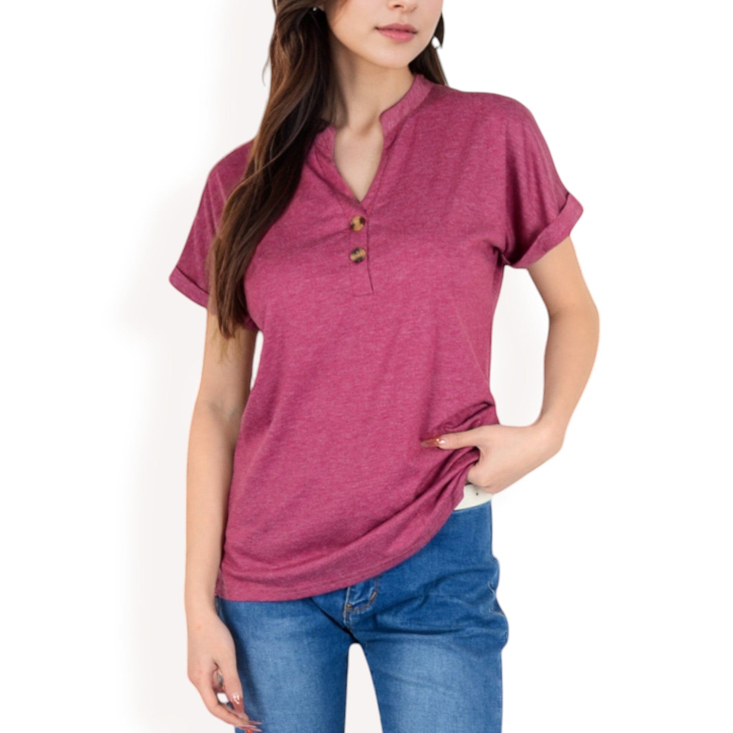 Short Sleeve Button Front V-Neck Shirt