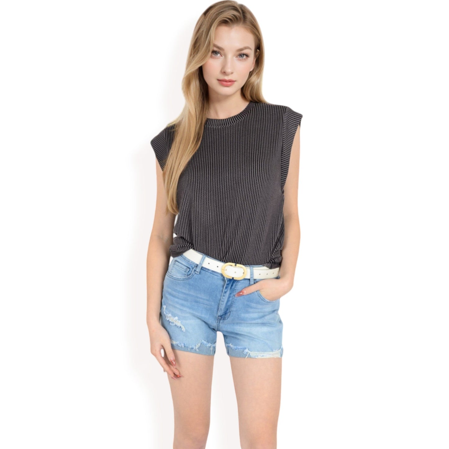Ribbed Knit Sleeveless Top with Shoulder Detail