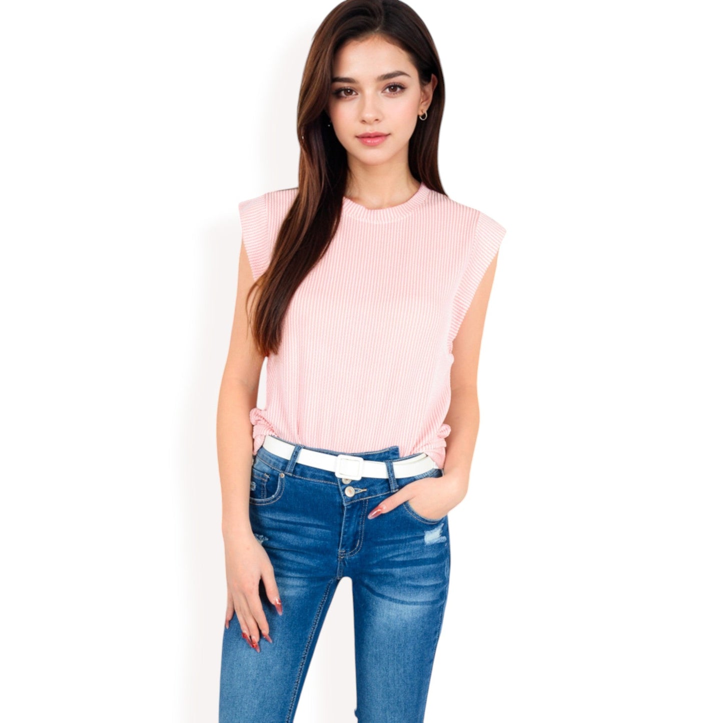 Ribbed Knit Sleeveless Top with Shoulder Detail