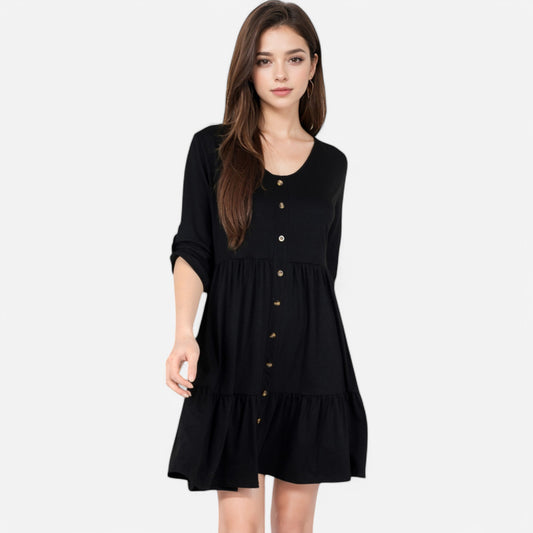 Women's V-Neck Button-Front Babydoll Dress with 3/4 Sleeves and Tiered Ruffle Hem