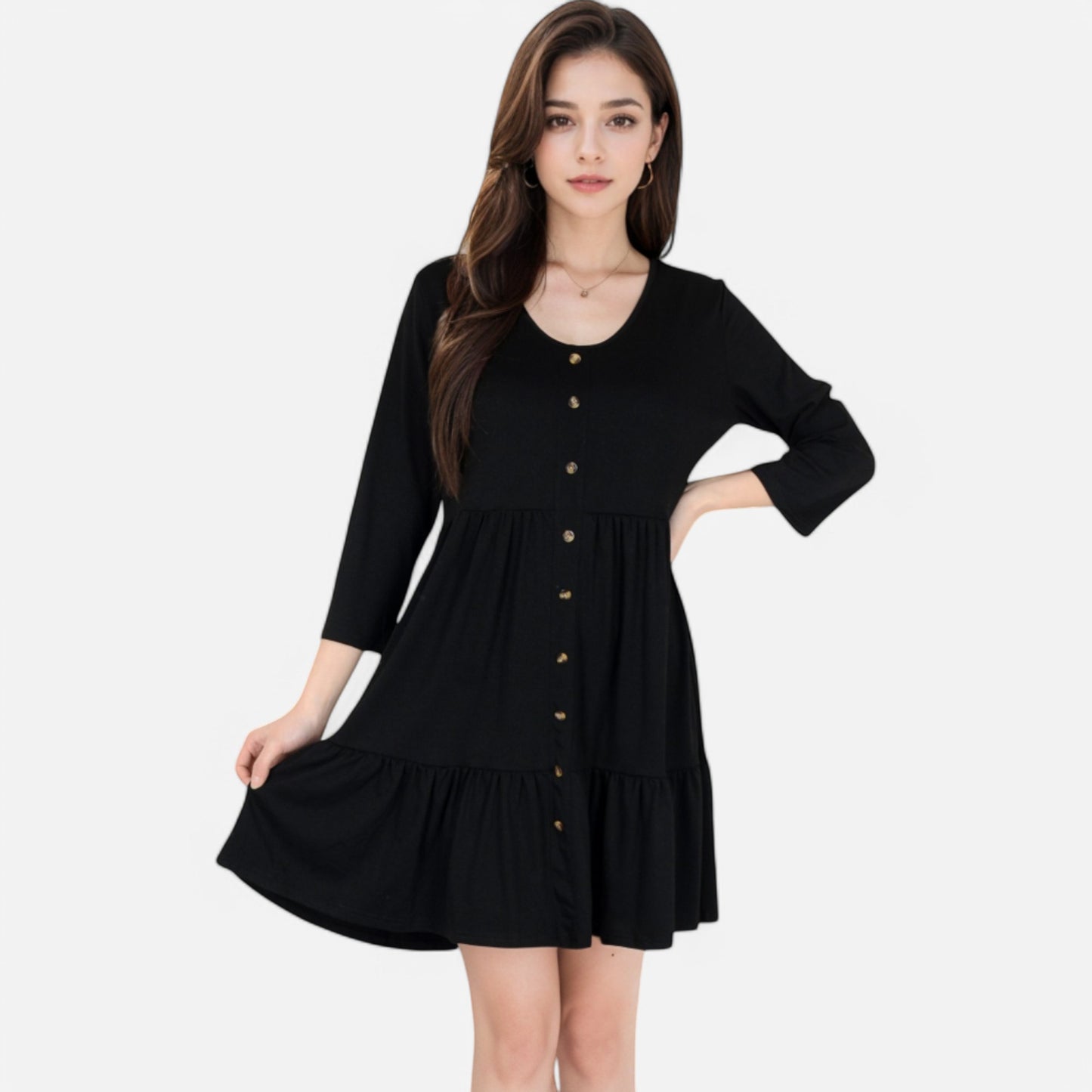 Women's V-Neck Button-Front Babydoll Dress with 3/4 Sleeves and Tiered Ruffle Hem