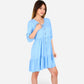 Women's V-Neck Button-Front Babydoll Dress with 3/4 Sleeves and Tiered Ruffle Hem