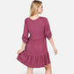 Women's V-Neck Button-Front Babydoll Dress with 3/4 Sleeves and Tiered Ruffle Hem