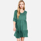 Women's V-Neck Button-Front Babydoll Dress with 3/4 Sleeves and Tiered Ruffle Hem