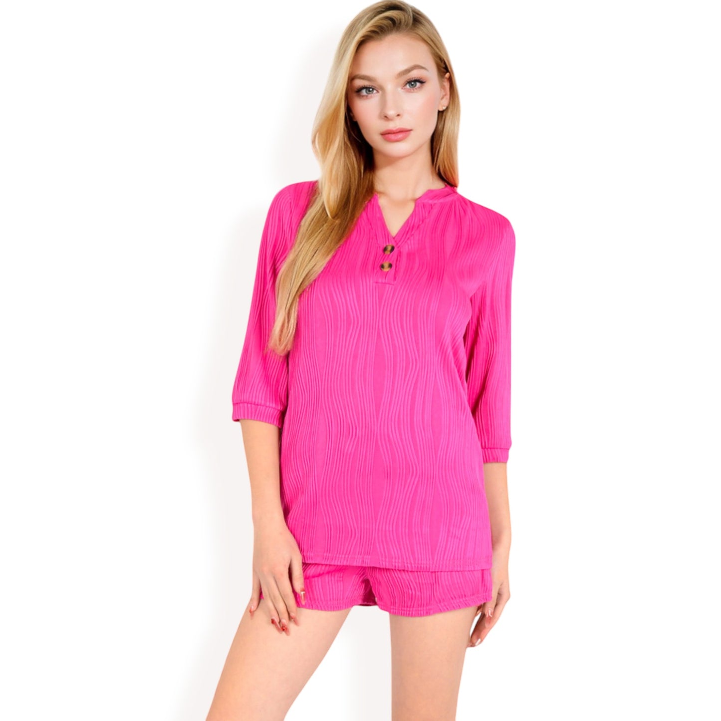 Textured Two-Piece Set with Button-Up Blouse and Drawstring Shorts