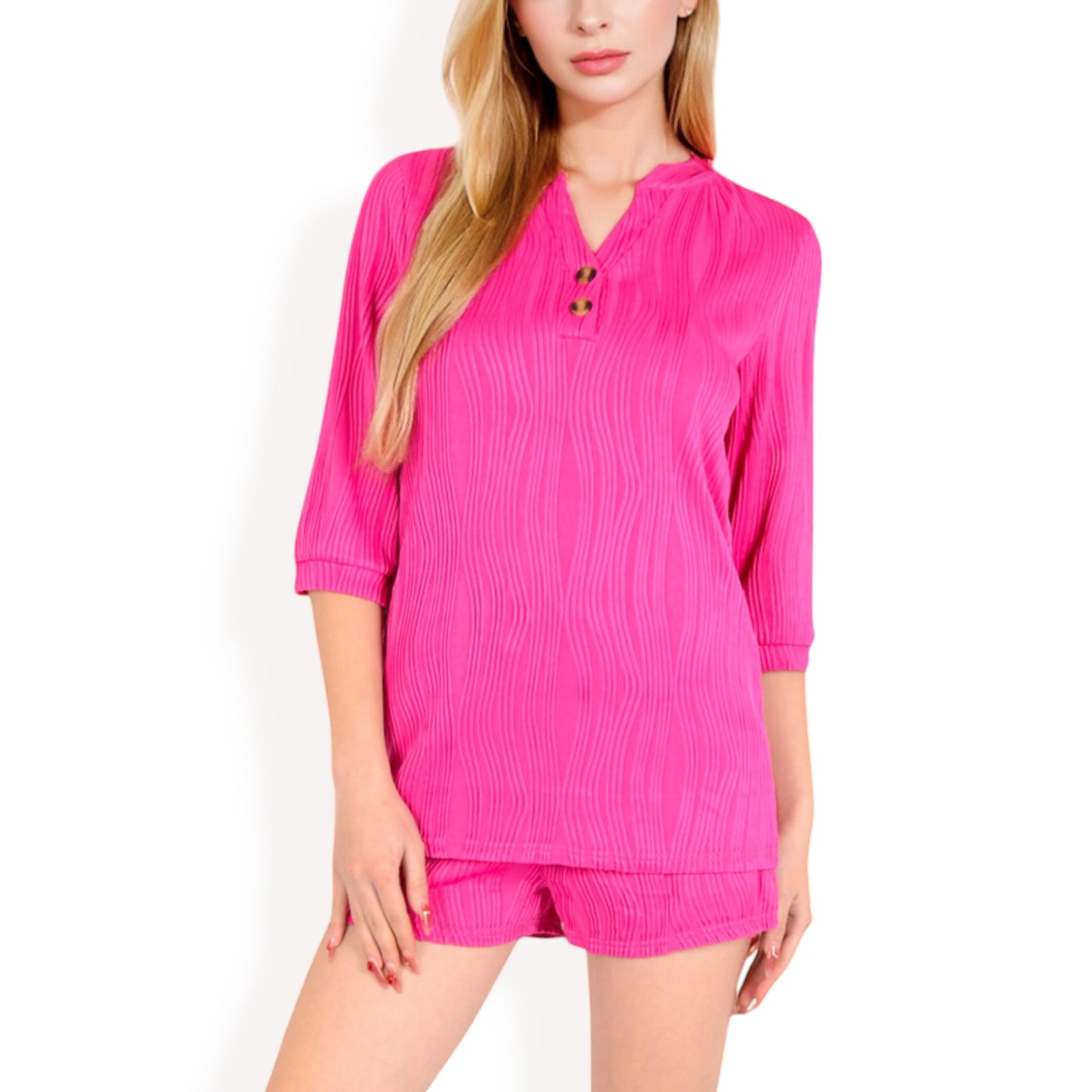 Textured Two-Piece Set with Button-Up Blouse and Drawstring Shorts