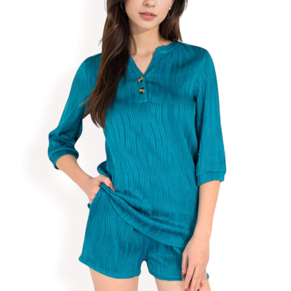 Textured Two-Piece Set with Button-Up Blouse and Drawstring Shorts
