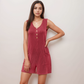 Women's Textured Knit Sleeveless Romper with Button Front Detail and Side Pockets