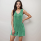 Women's Textured Knit Sleeveless Romper with Button Front Detail and Side Pockets