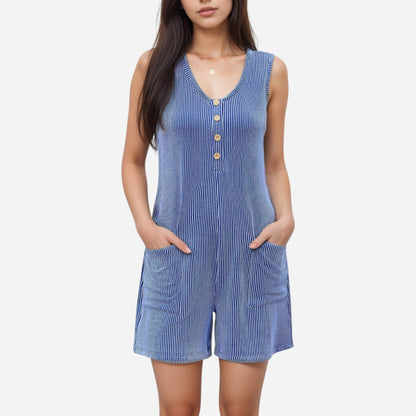Women's Textured Knit Sleeveless Romper with Button Front Detail and Side Pockets